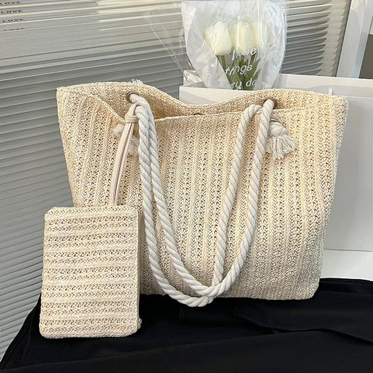 Women's Woven Beach Tote with Rope Handles & Matching Pouch