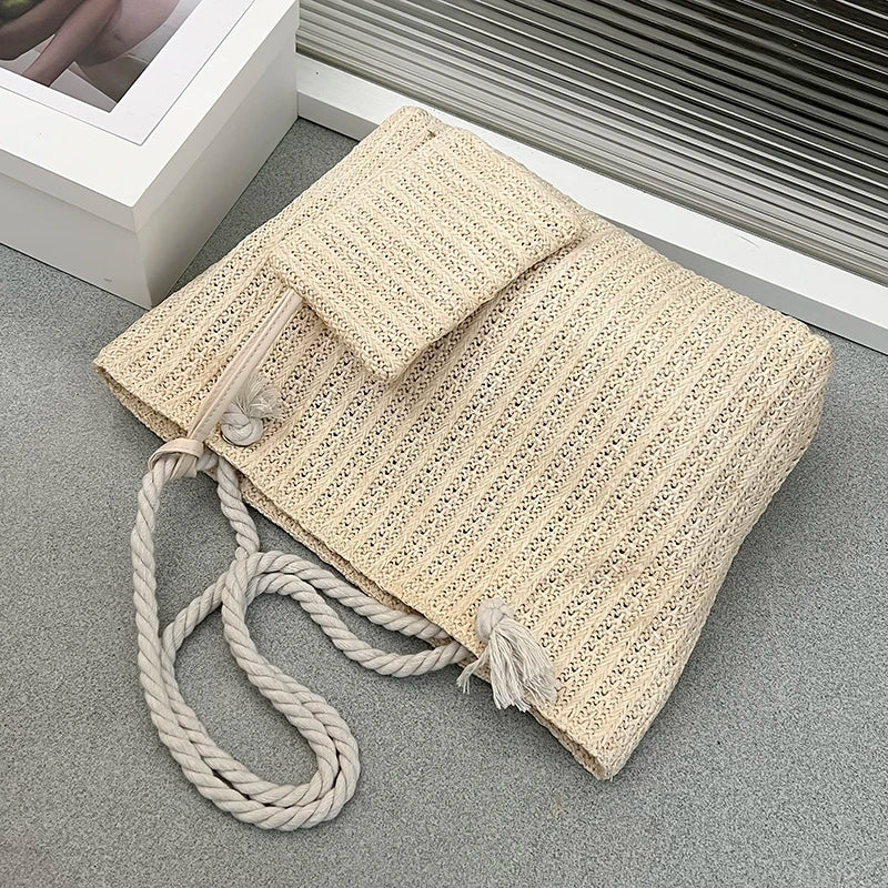Women's Woven Beach Tote with Rope Handles & Matching Pouch