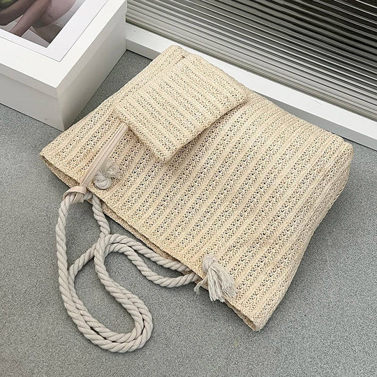 Women's Woven Beach Tote with Rope Handles & Matching Pouch