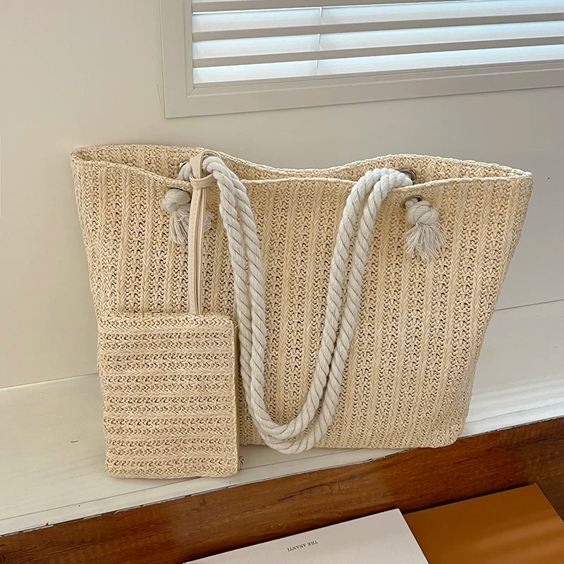 Women's Woven Beach Tote with Rope Handles & Matching Pouch