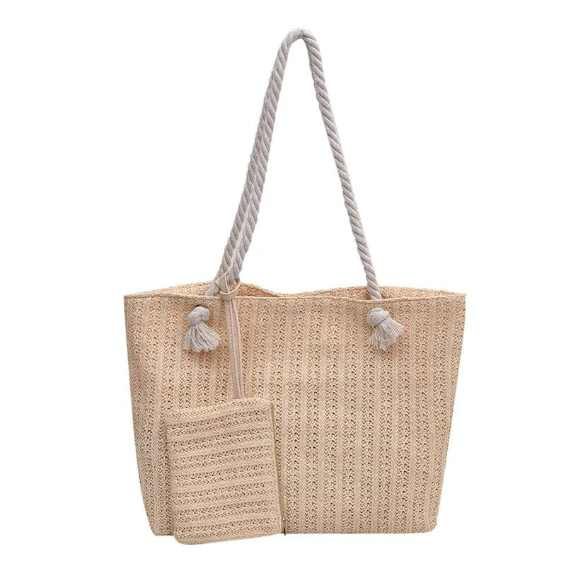 Women's Woven Beach Tote with Rope Handles & Matching Pouch