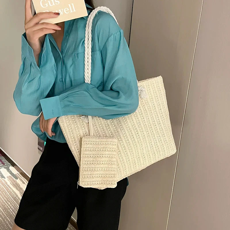 Women's Woven Beach Tote with Rope Handles & Matching Pouch