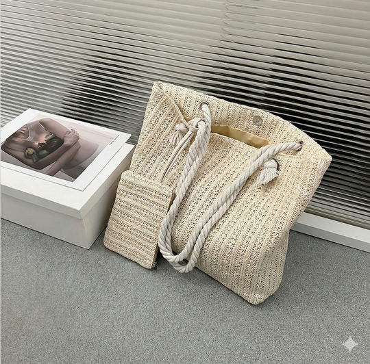 Women's Woven Beach Tote with Rope Handles & Matching Pouch