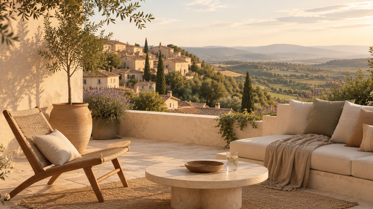 Outdoor patio furniture set in a sunlit terrace overlooking a Tuscan hillside village and rolling landscape at sunset. The scene includes a cream sofa with pillows, a wooden lounge chair, a round stone coffee table, potted trees, and warm architectural surroundings.