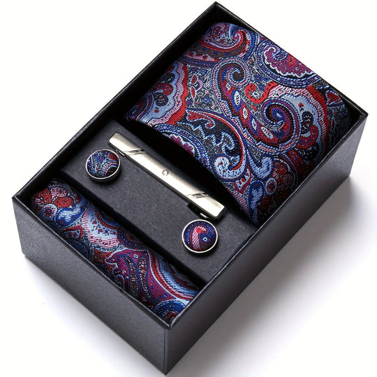 Men's Tie Set - Paisley with Pocket Square, Clip & Cufflinks