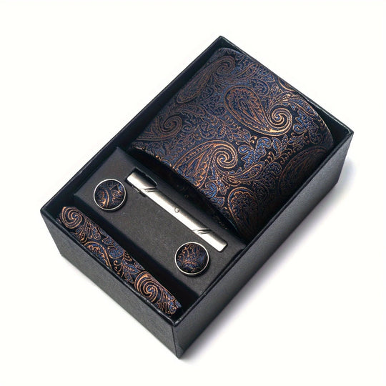 Men's Tie Set - Paisley with Pocket Square, Clip & Cufflinks