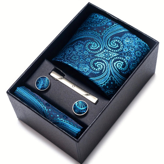 Men's Tie Set - Paisley with Pocket Square, Clip & Cufflinks
