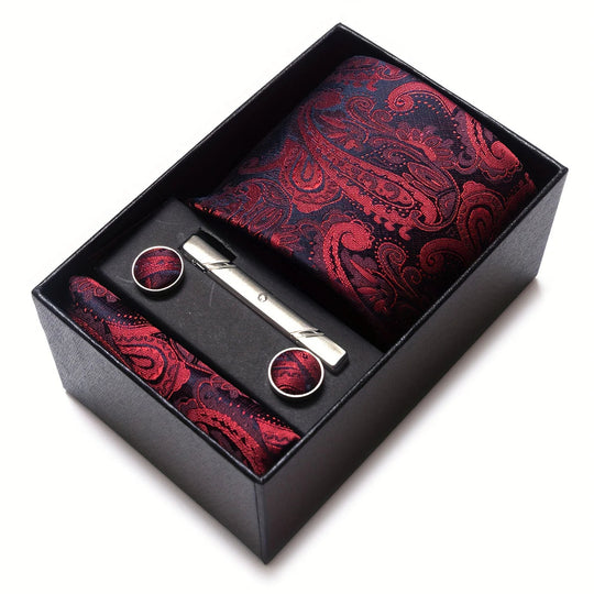 Men's Tie Set - Paisley with Pocket Square, Clip & Cufflinks
