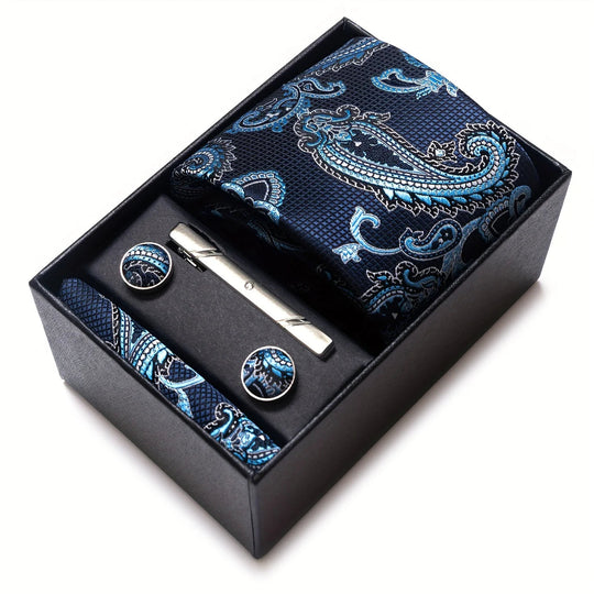 Men's Tie Set - Paisley with Pocket Square, Clip & Cufflinks