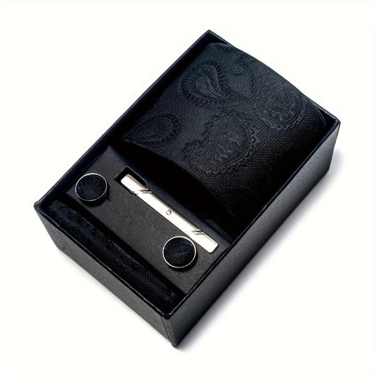 Men's Tie Set - Paisley with Pocket Square, Clip & Cufflinks