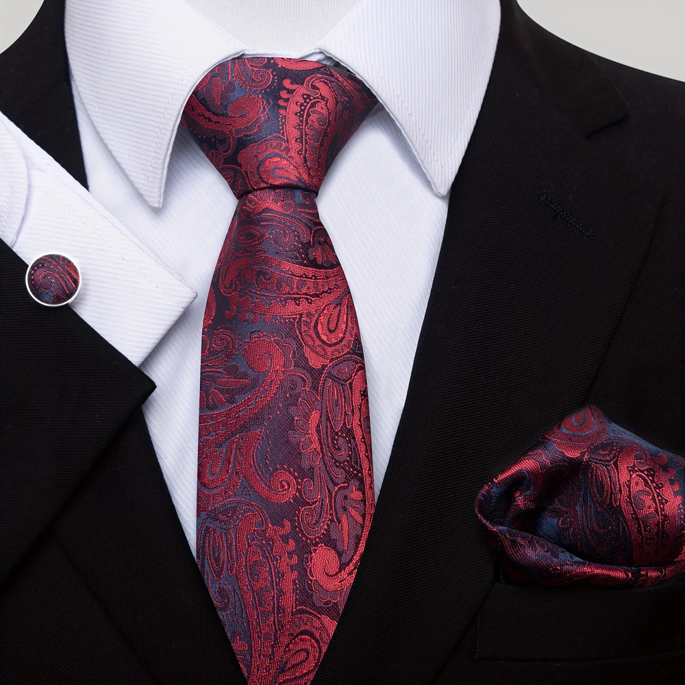 Men's Tie Set - Paisley with Pocket Square, Clip & Cufflinks