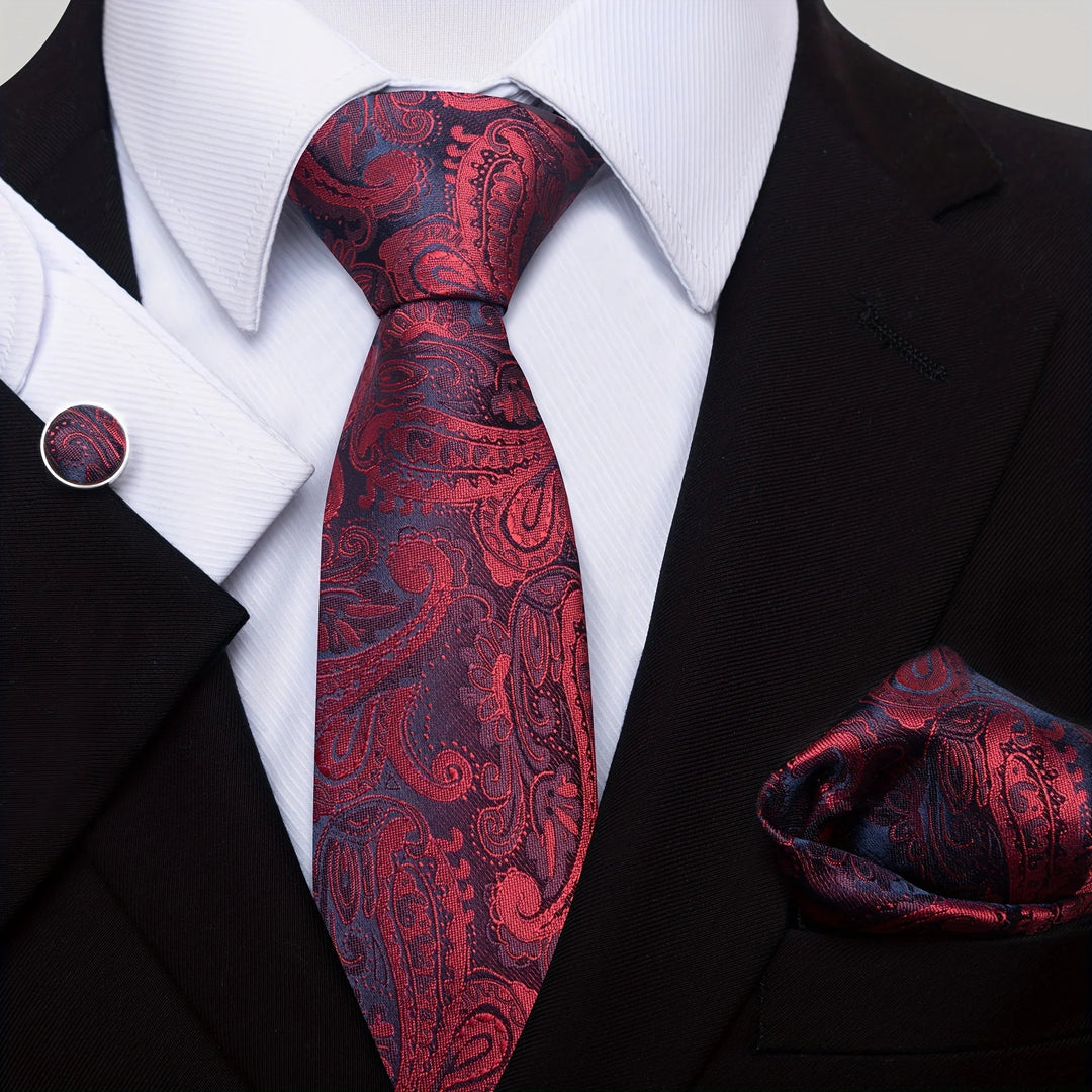 Men's Tie Set - Paisley with Pocket Square, Clip & Cufflinks
