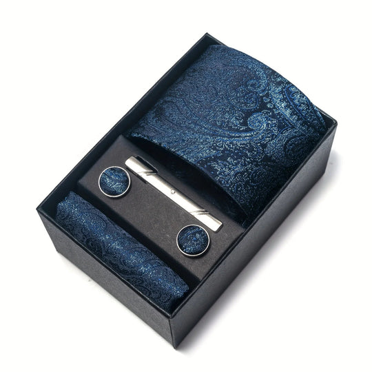 Men's Tie Set - Paisley with Pocket Square, Clip & Cufflinks
