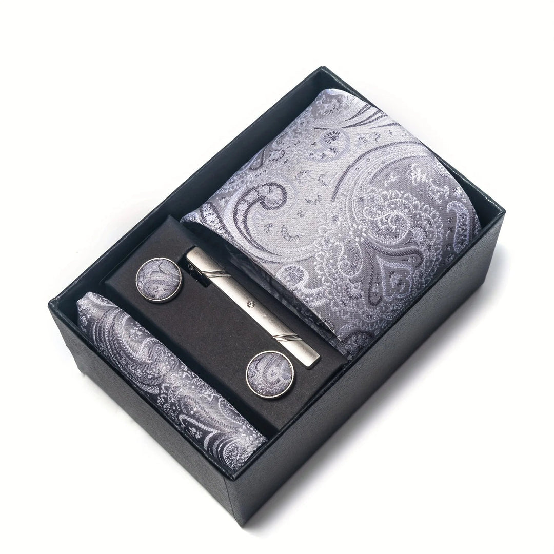 Men's Tie Set - Paisley with Pocket Square, Clip & Cufflinks