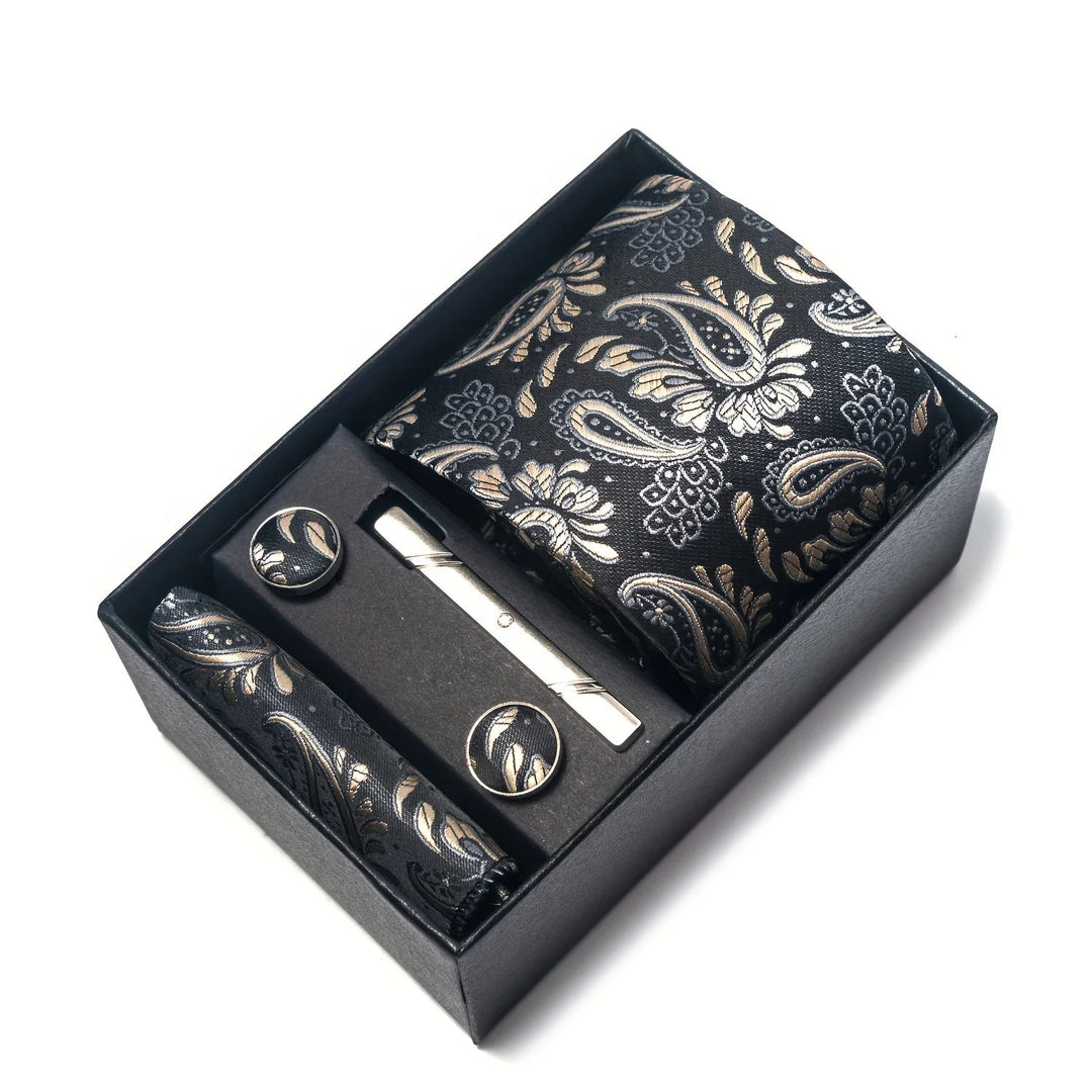 Men's Tie Set - Paisley with Pocket Square, Clip & Cufflinks