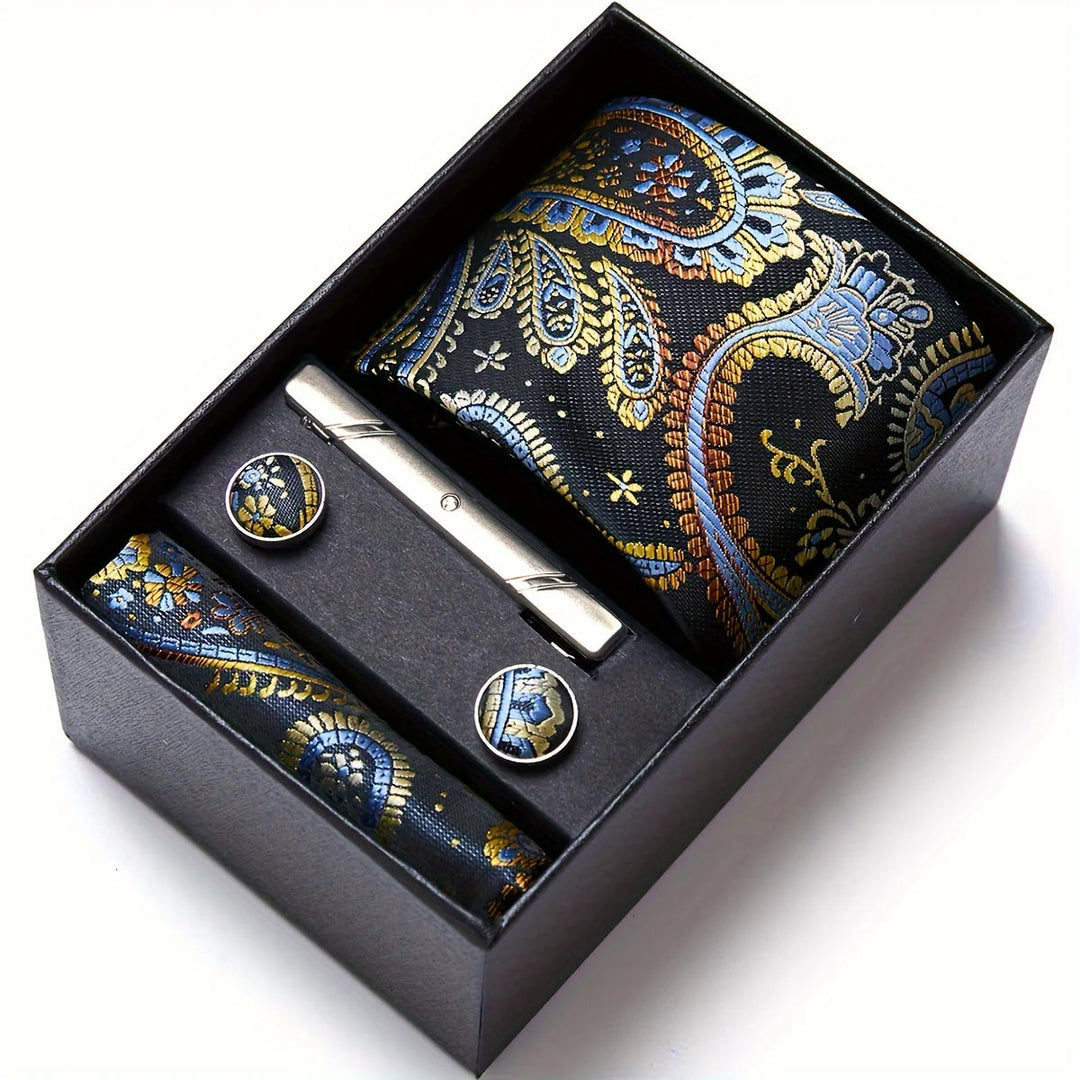 Men's Tie Set - Paisley with Pocket Square, Clip & Cufflinks