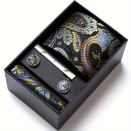 Men's Tie Set - Paisley with Pocket Square, Clip & Cufflinks