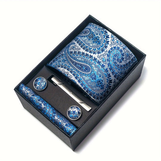 Men's Tie Set - Paisley with Pocket Square, Clip & Cufflinks