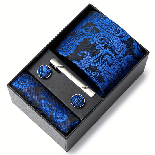 Men's Tie Set - Paisley with Pocket Square, Clip & Cufflinks