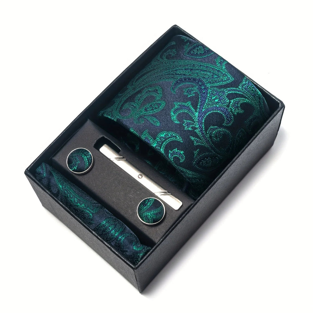 Men's Tie Set - Paisley with Pocket Square, Clip & Cufflinks