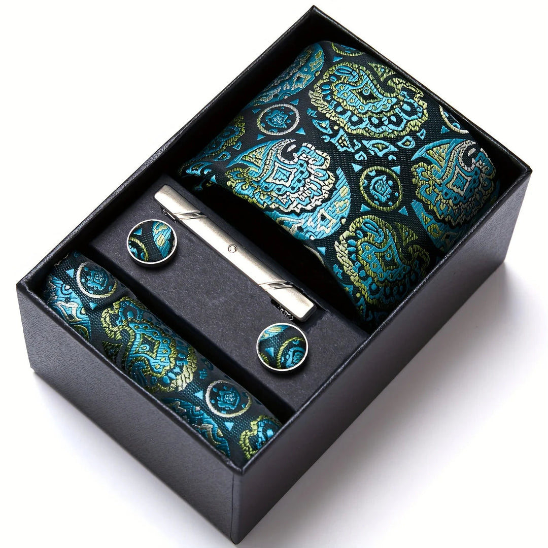 Men's Tie Set - Paisley with Pocket Square, Clip & Cufflinks