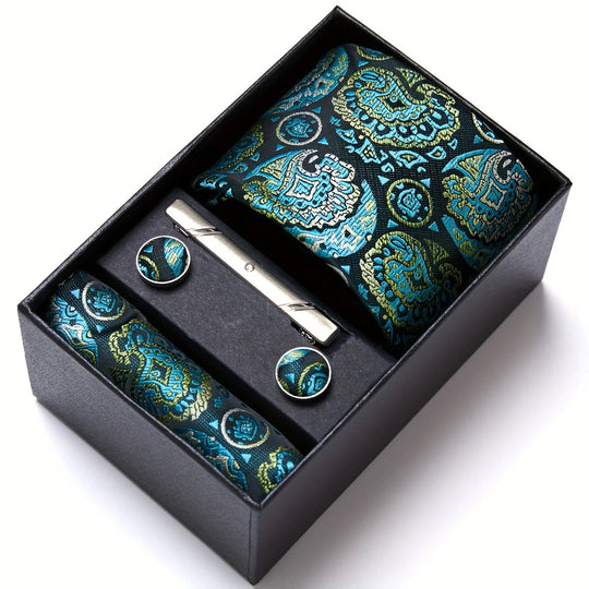Men's Tie Set - Paisley with Pocket Square, Clip & Cufflinks