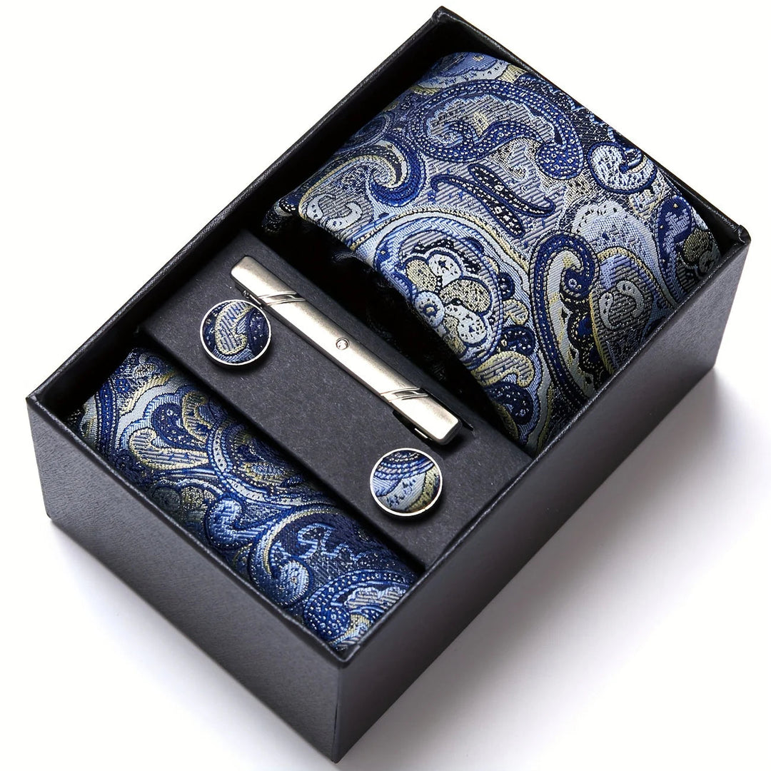 Men's Tie Set - Paisley with Pocket Square, Clip & Cufflinks