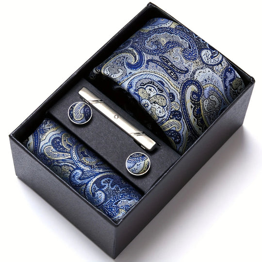 Men's Tie Set - Paisley with Pocket Square, Clip & Cufflinks