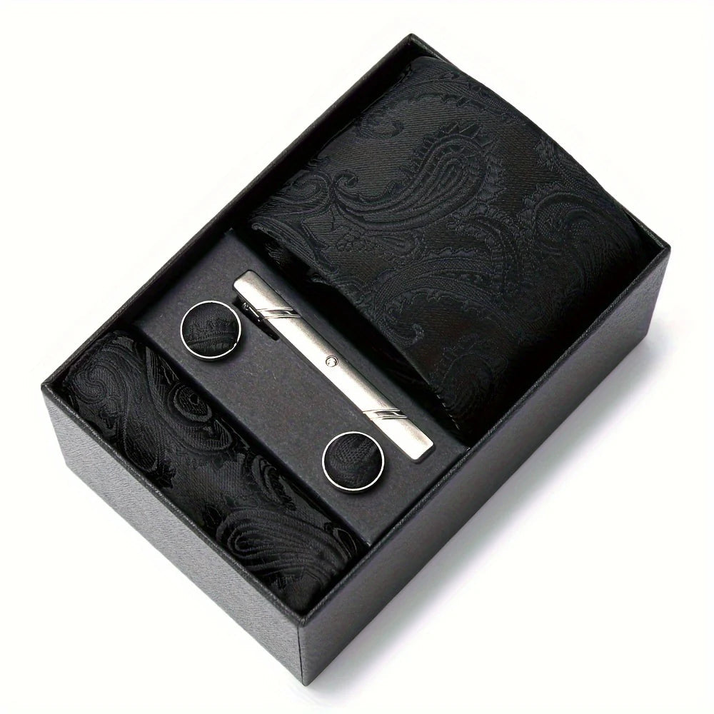 Men's Tie Set - Paisley with Pocket Square, Clip & Cufflinks