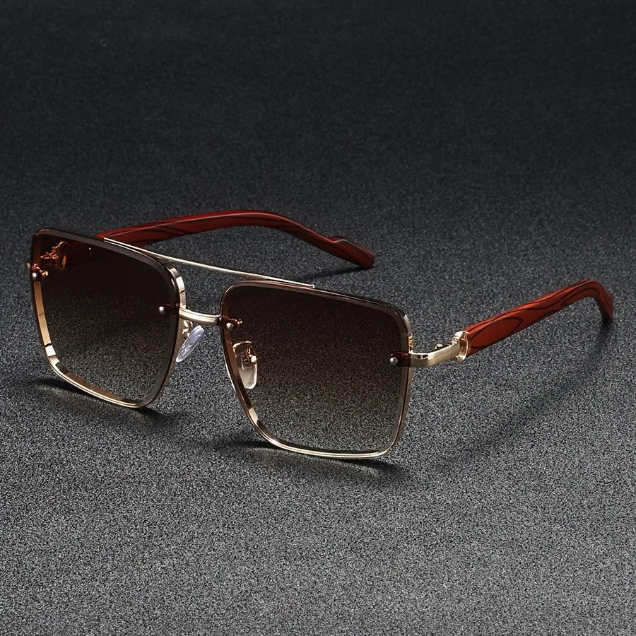 Square Sunglasses with Wooden Accents - UV Protection