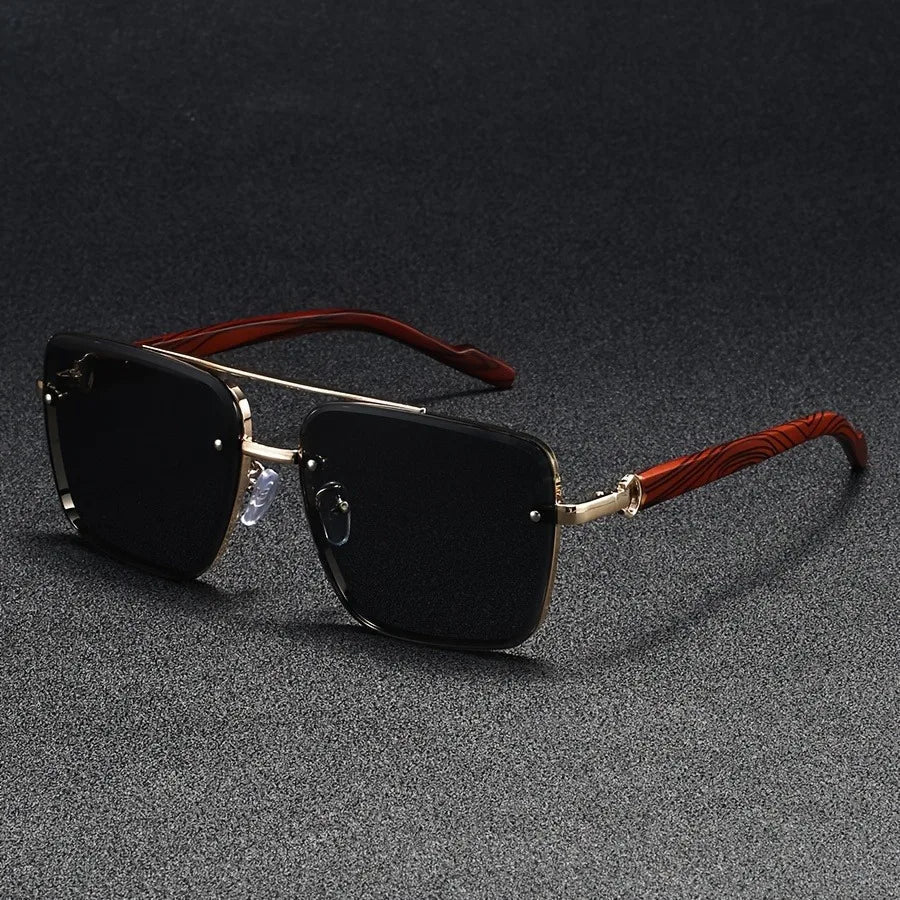 Square Sunglasses with Wooden Accents - UV Protection