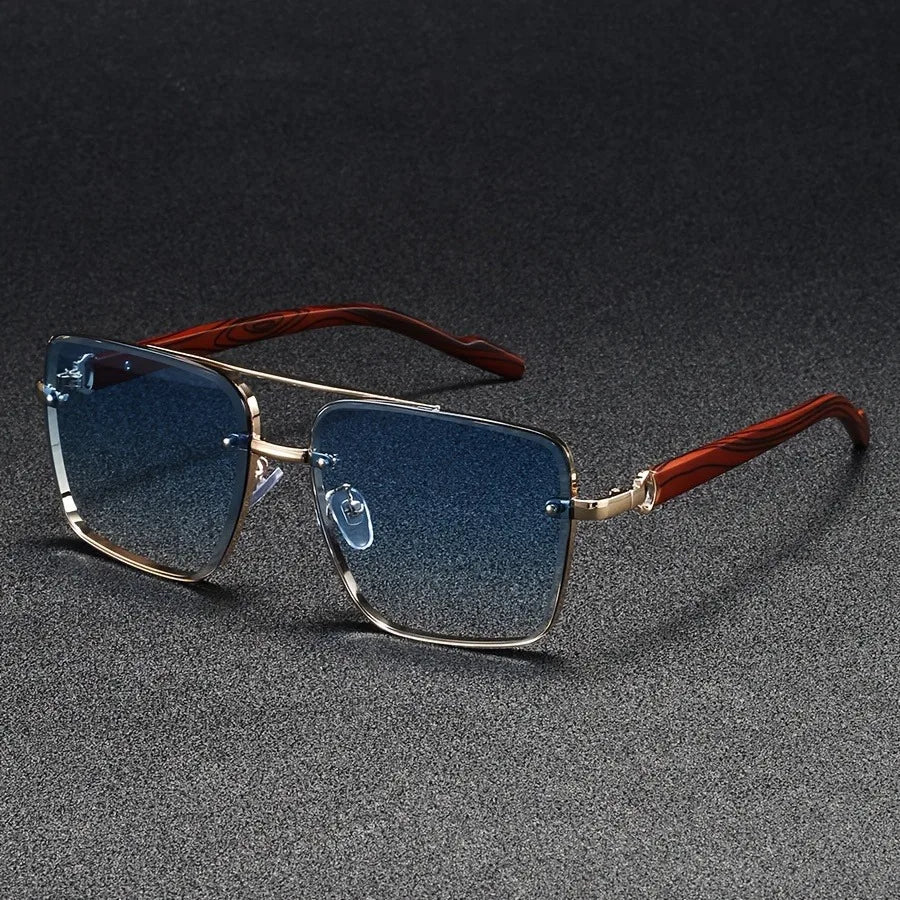 Square Sunglasses with Wooden Accents - UV Protection
